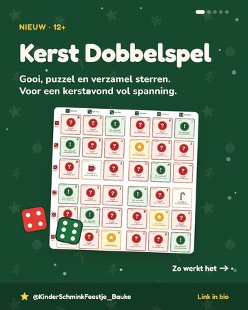 Het Kerst Dobbelspel: een speelbord met rode, groene en gouden kaartjes en twee dobbelstenen